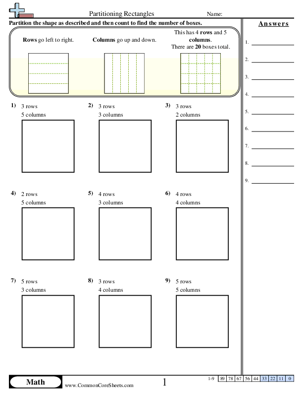 Multiplication Worksheets - Partitioning Rectangles worksheet